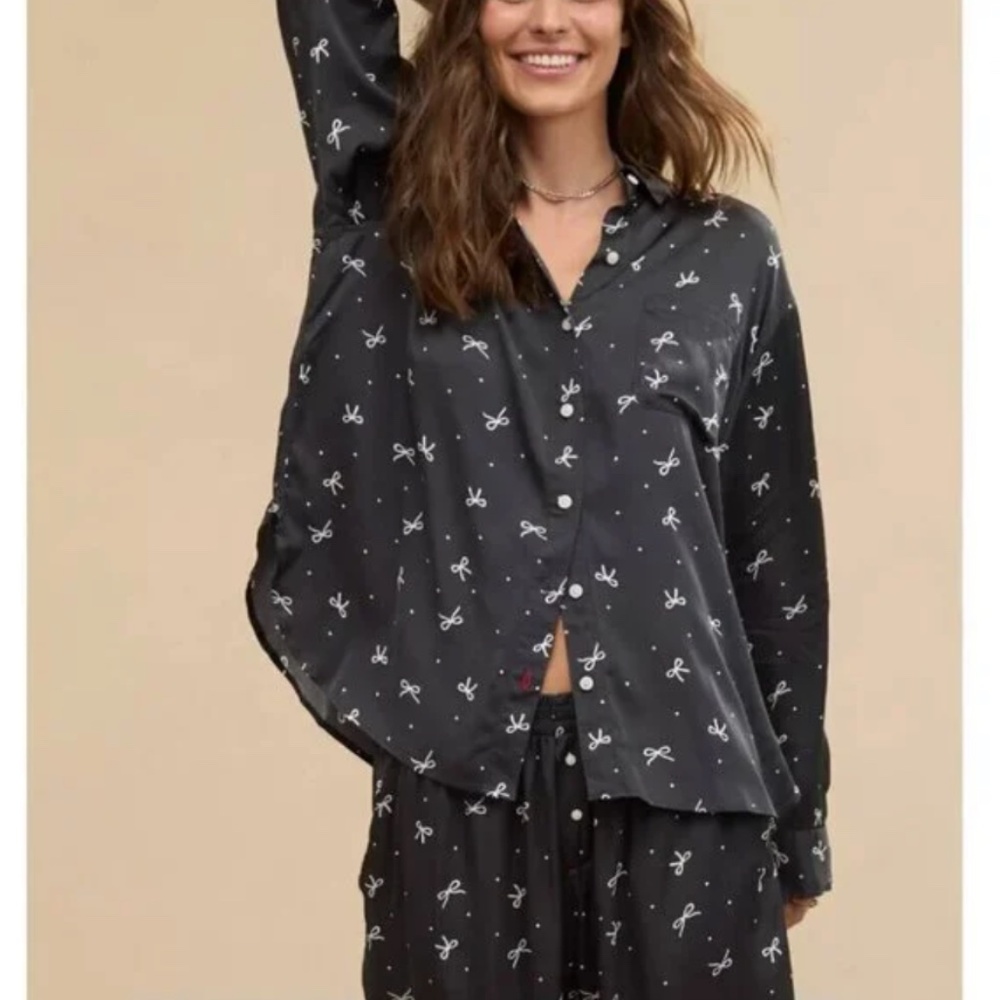 Aerie Off-Duty Satin Bow Pajama Set in Black & White NEW